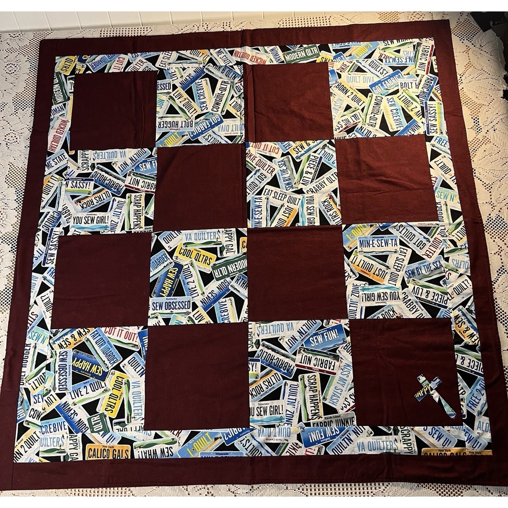 Handmade By St Theresa Catholic Patchwork Quilt License Plates Fabric 39"x 39"